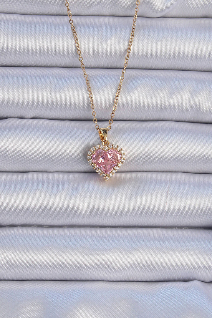 EBJ 316L Steel Chain Gold Color Pink Zircon Stone Heart Necklace - Lousada
