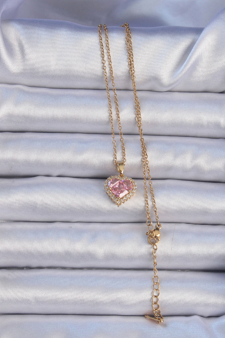 EBJ 316L Steel Chain Gold Color Pink Zircon Stone Heart Necklace - Lousada