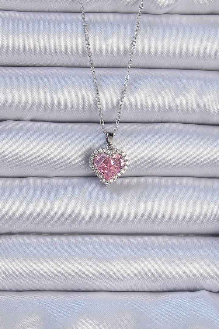 EBJ 316L Stainless Steel Chain Silver Color Pink Zircon Stone Heart Necklace - Bloomington
