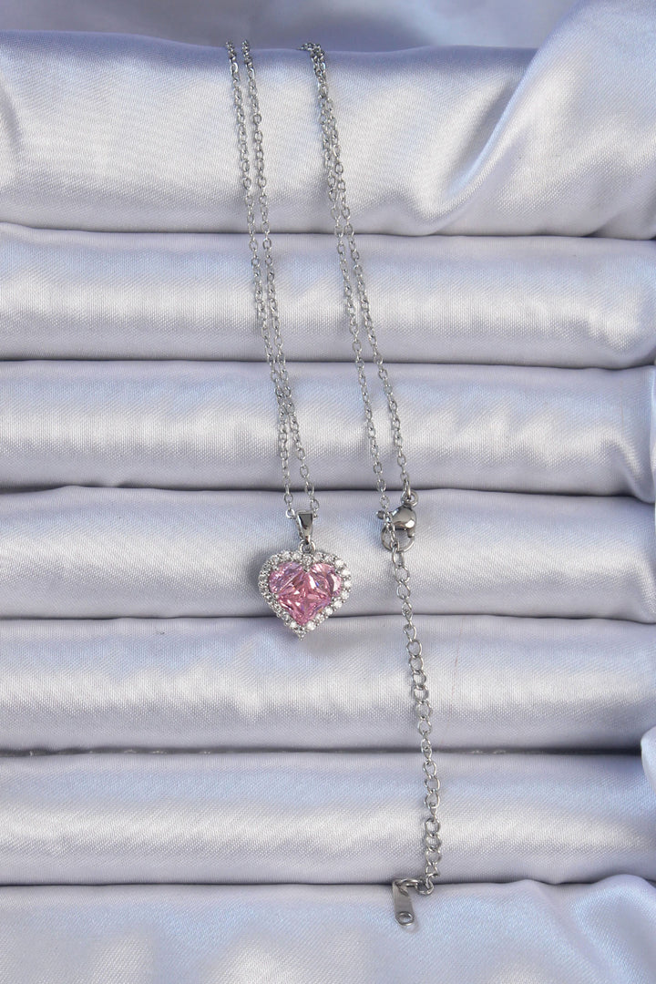 EBJ 316L Stainless Steel Chain Silver Color Pink Zircon Stone Heart Necklace - Bloomington