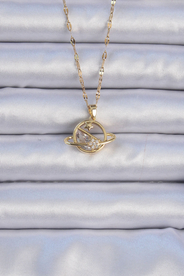 EBJ 316L Stainless Steel Chain Gold Color Starry Saturn Necklace with Zircon Stone - Milpitas