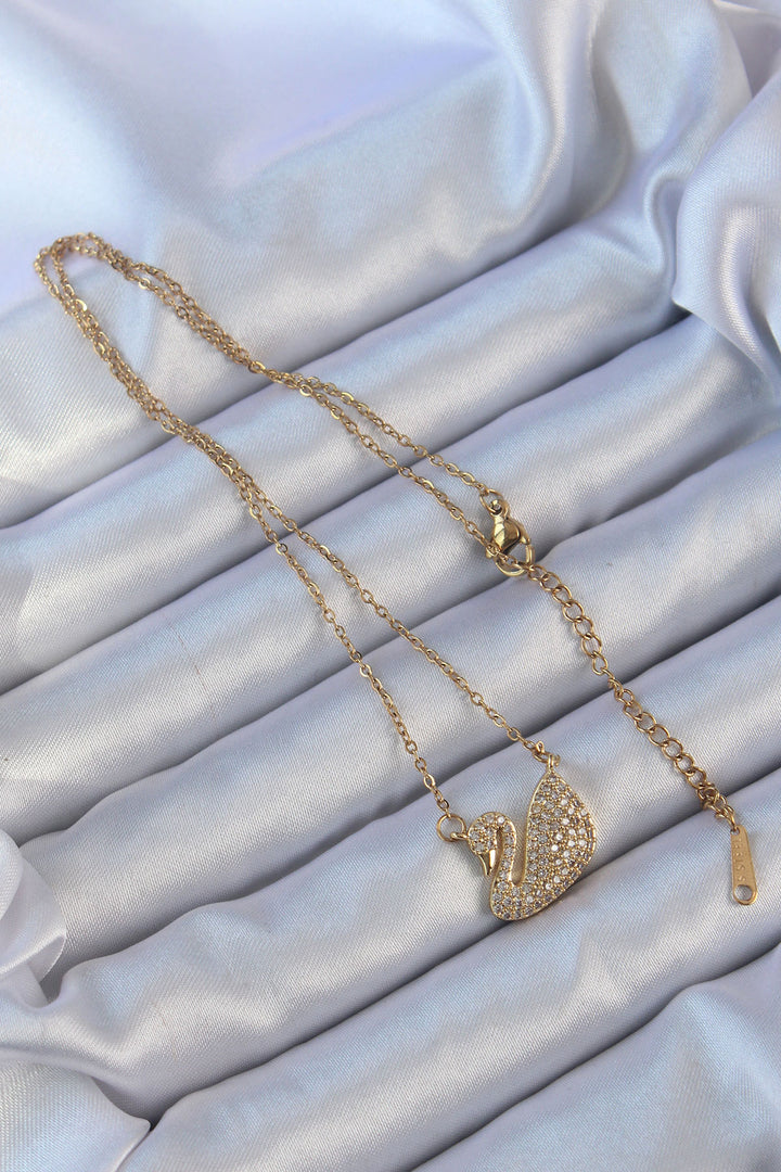 EBJ 316L Stainless Steel Chain Gold Color Swan Necklace with Zircon Stone - Ferrol