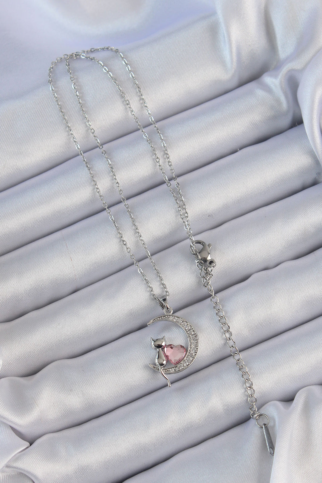 EBJ 316L Stainless Steel Chain Silver Color Pink Zircon Stone Cat Moon Necklace - Edmonds