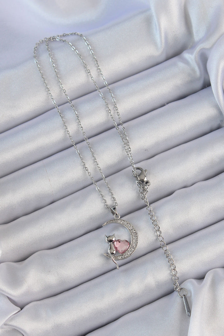 EBJ 316L Stainless Steel Chain Silver Color Pink Zircon Stone Cat Moon Necklace - Edmonds