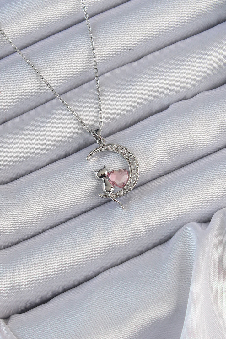 EBJ 316L Stainless Steel Chain Silver Color Pink Zircon Stone Cat Moon Necklace - Edmonds