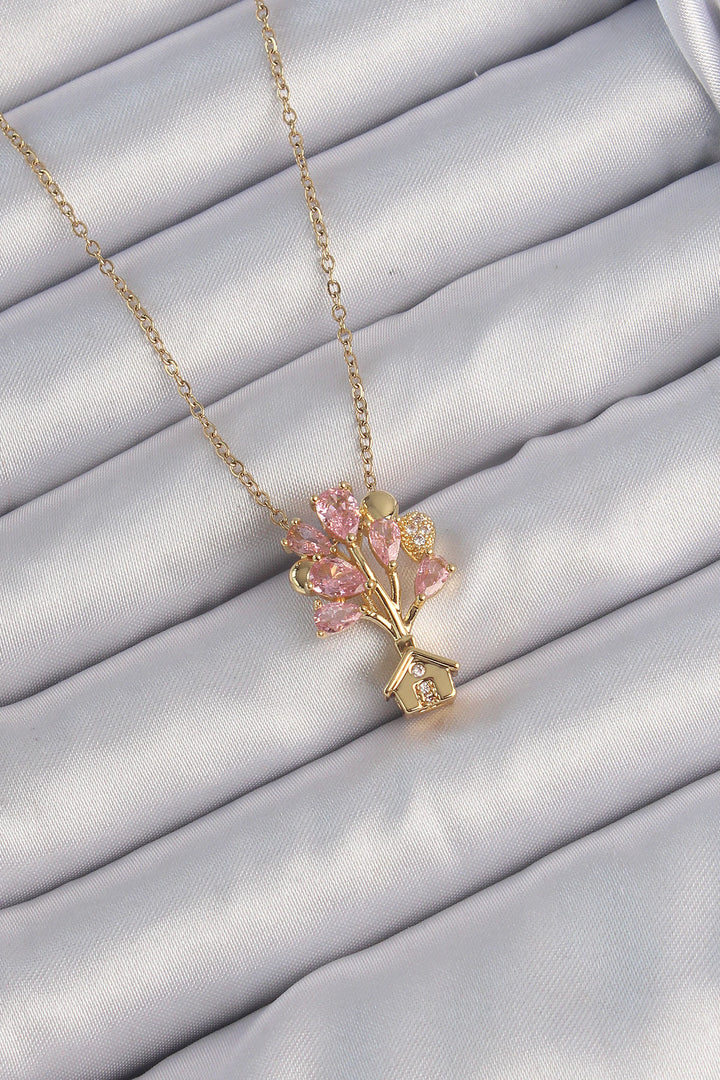 EBJ 316L Steel Chain Gold Color Pink Zircon Stone Flying House Necklace - Zimapan