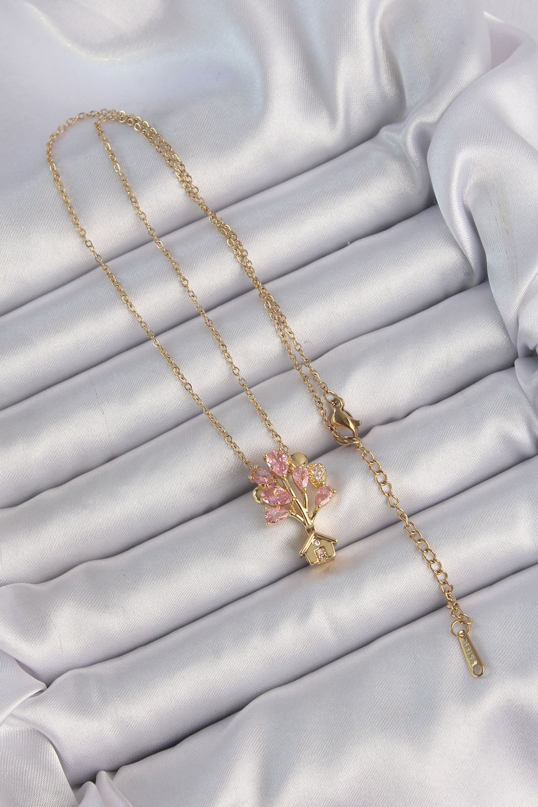 EBJ 316L Steel Chain Gold Color Pink Zircon Stone Flying House Necklace - Zimapan
