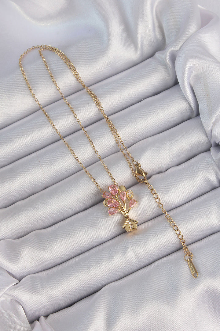 EBJ 316L Steel Chain Gold Color Pink Zircon Stone Flying House Necklace - Zimapan