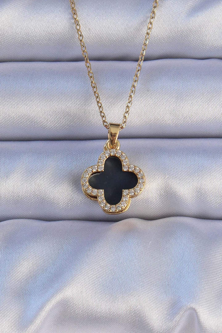 EBJ 316L Steel Gold Color Black Enamel Zircon Stone Clover Shaped Necklace - Krasnyi Luch