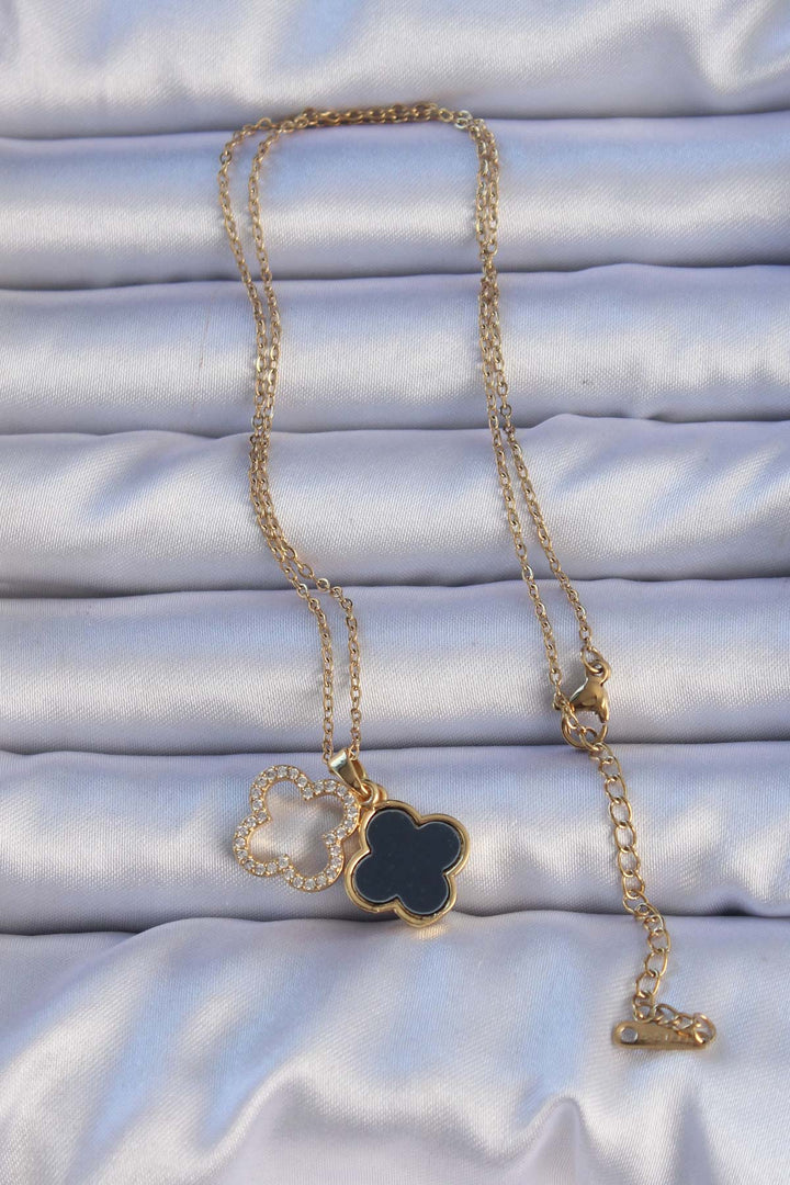 EBJ 316L Steel Gold Color Black Enamel Zircon Stone Clover Shaped Necklace - Krasnyi Luch