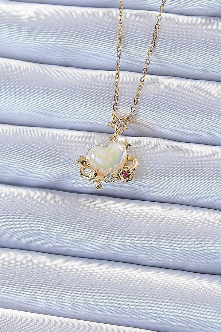 EBJ 316L Stainless Steel Chain Gold Color Planet Shaped Heart Necklace with Zircon Stone - Pontevedra