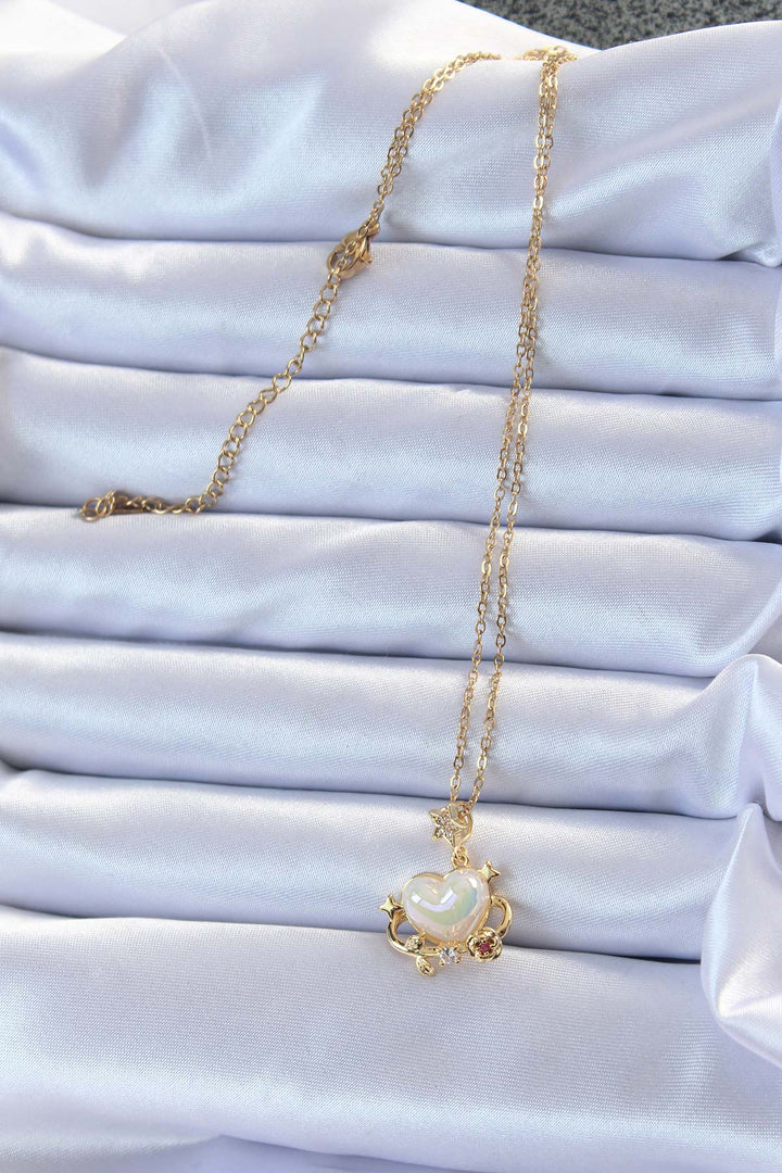 EBJ 316L Stainless Steel Chain Gold Color Planet Shaped Heart Necklace with Zircon Stone - Pontevedra