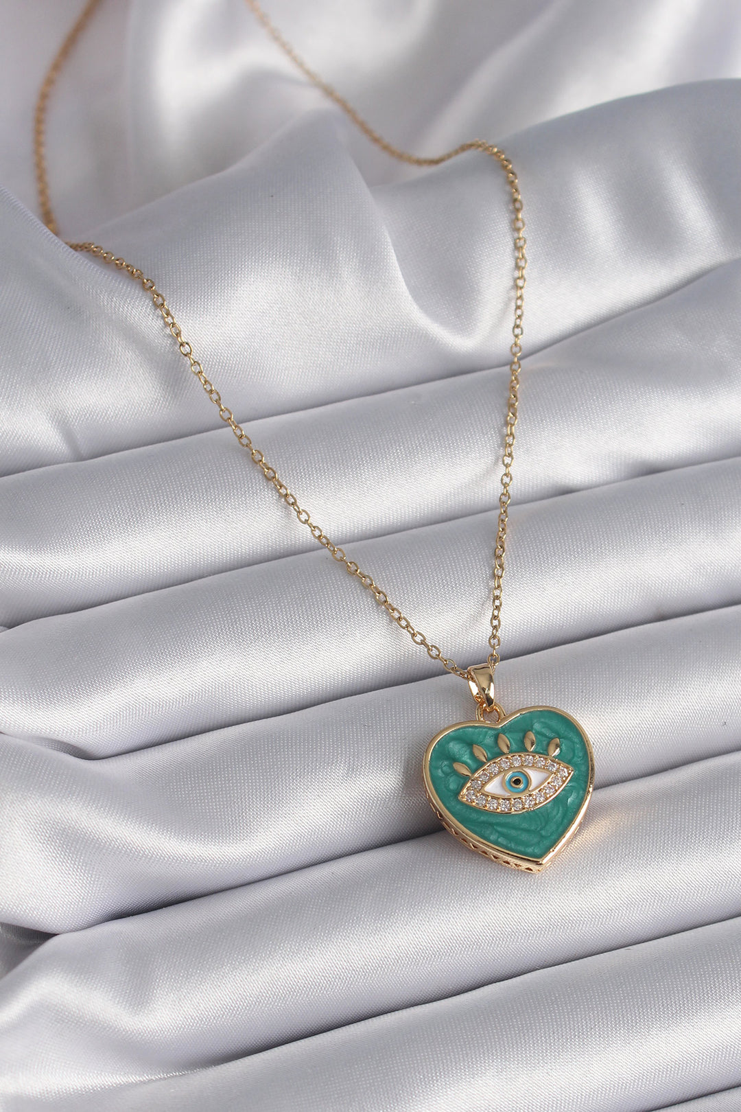 EBJ 316L Steel Gold Color Chain Eye Embroidered Green Heart Model Zircon Stone Women's Necklace - Pocatello
