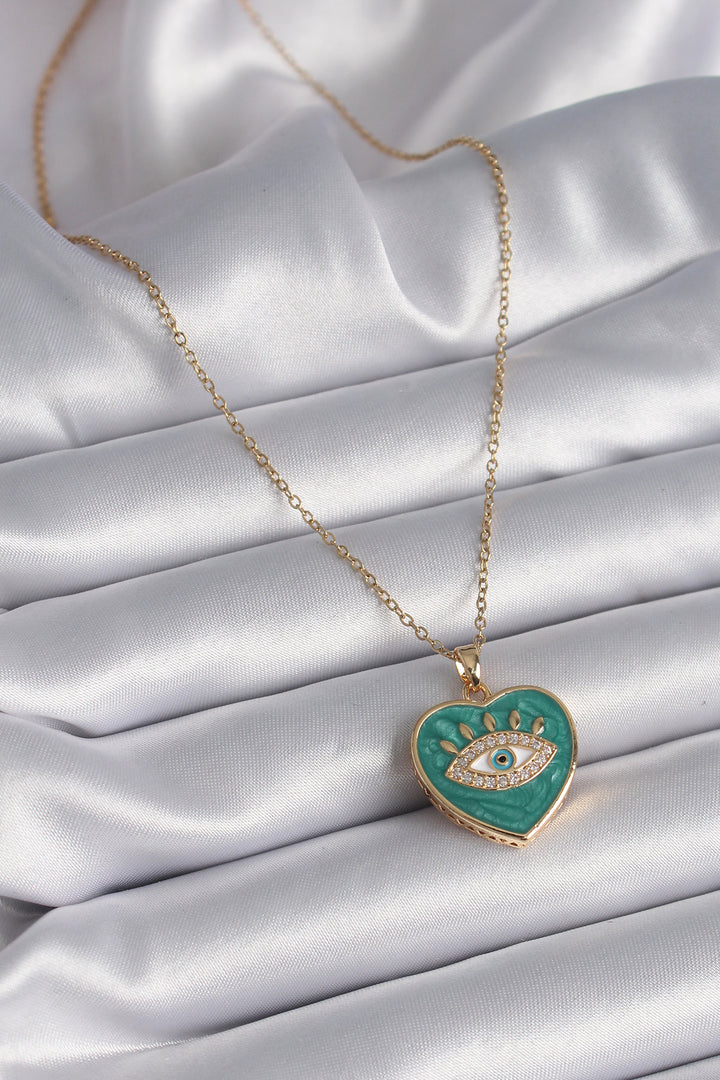 EBJ 316L Steel Gold Color Chain Eye Embroidered Green Heart Model Zircon Stone Women's Necklace - Pocatello