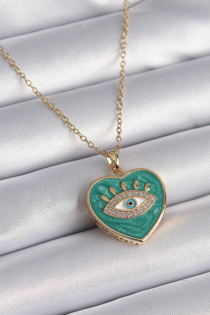 EBJ 316L Steel Gold Color Chain Eye Embroidered Green Heart Model Zircon Stone Women's Necklace - Pocatello