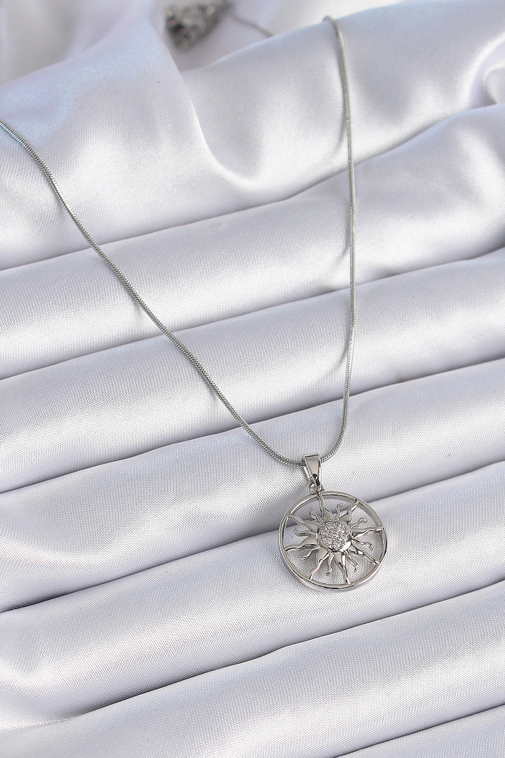 EBJ 316L Stainless Steel Chain Silver Color Sun Model Women's Necklace with Zircon Stone - Friendswood