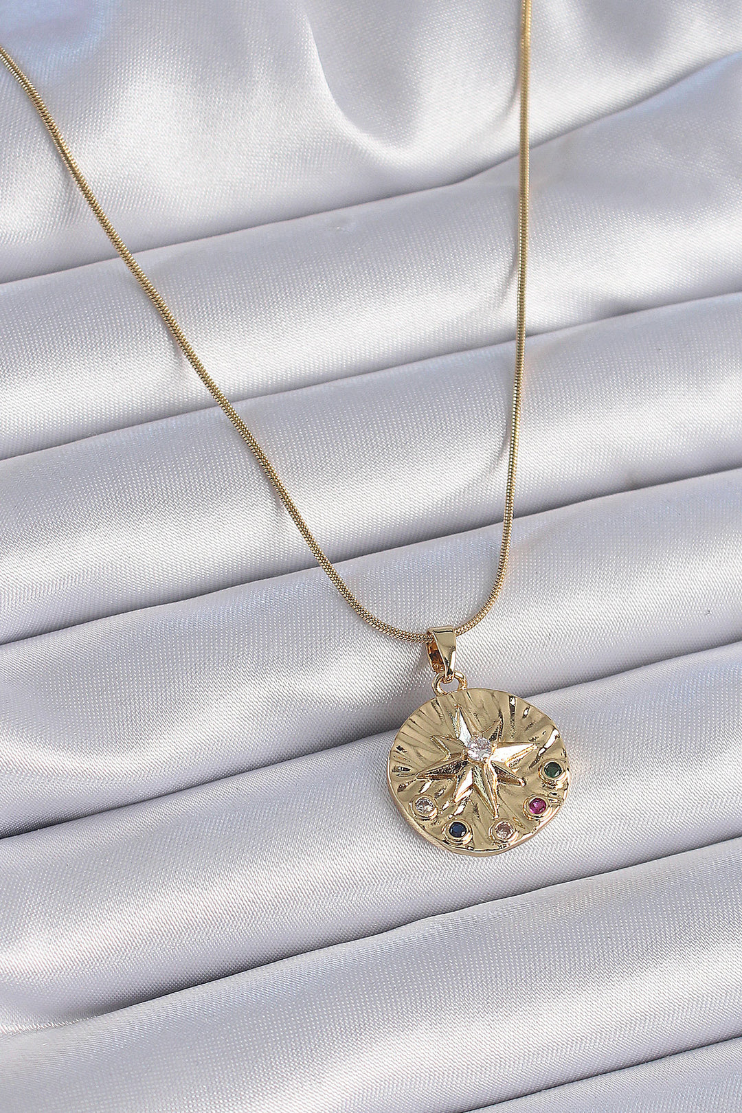 EBJ 316L Stainless Steel Chain Gold Color Star Patterned Medal Model Women's Necklace with Colorful Zircon Stones - Tecamachalco