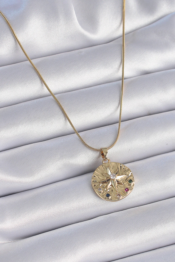 EBJ 316L Stainless Steel Chain Gold Color Star Patterned Medal Model Women's Necklace with Colorful Zircon Stones - Tecamachalco