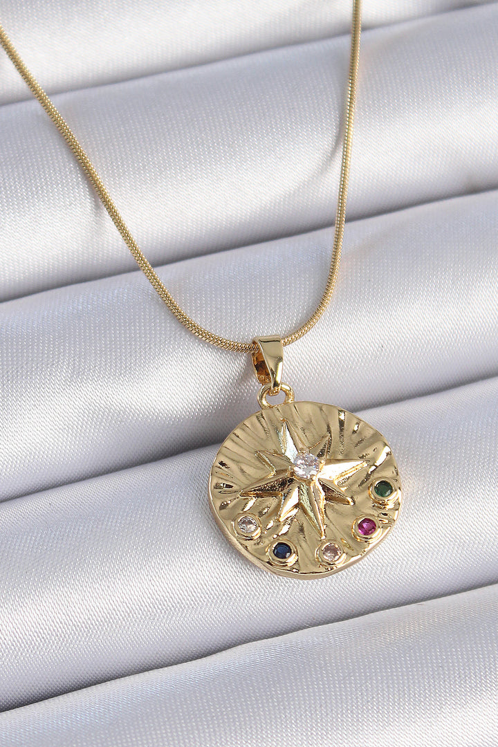EBJ 316L Stainless Steel Chain Gold Color Star Patterned Medal Model Women's Necklace with Colorful Zircon Stones - Tecamachalco
