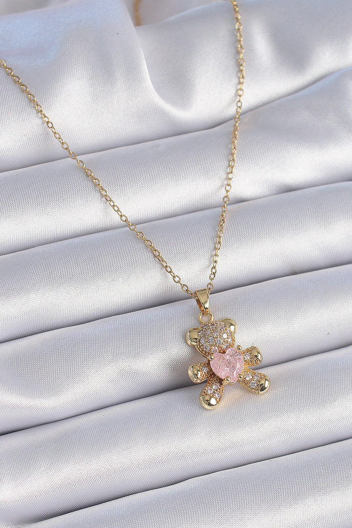 EBJ 316L Steel Chain Gold Color Bear Figure with Zircon Stone Heart Detail Women's Necklace - Andria
