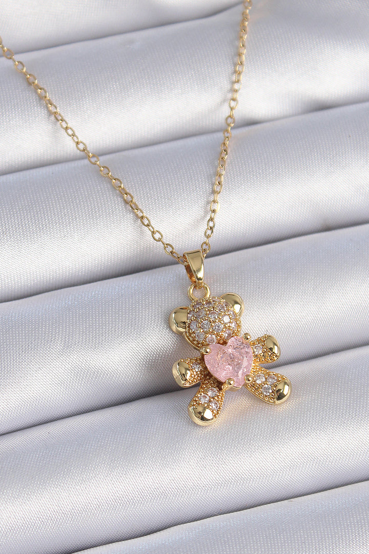 EBJ 316L Steel Chain Gold Color Bear Figure with Zircon Stone Heart Detail Women's Necklace - Andria