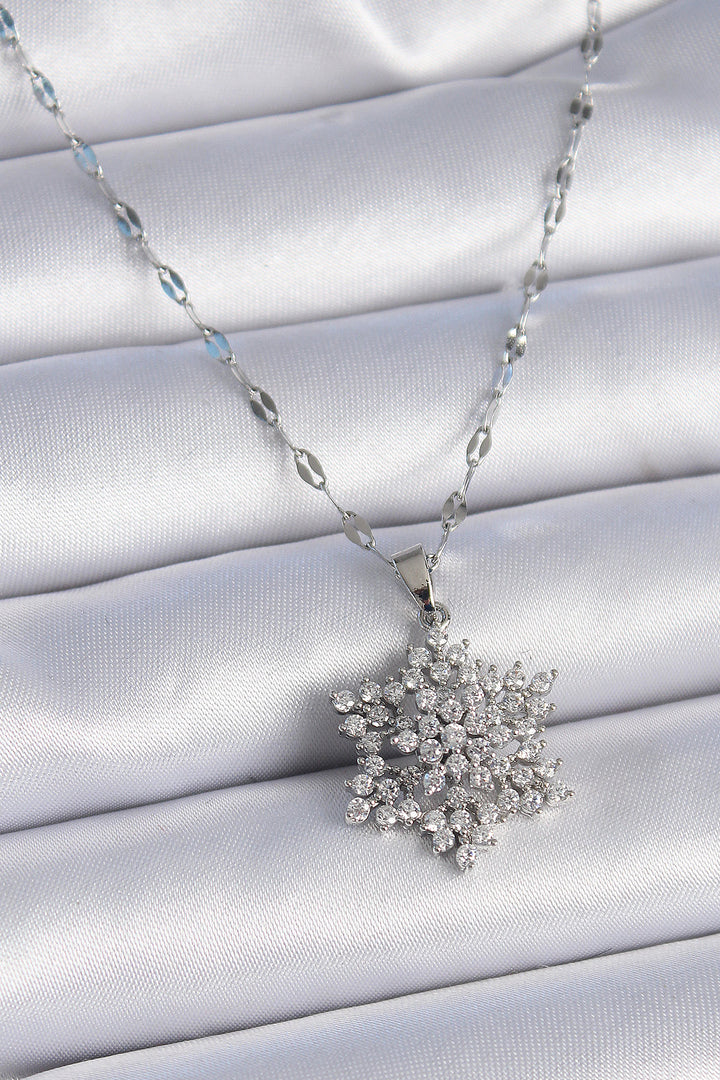EBJ 316L Stainless Steel Chain Silver Color Snowflake Model Women's Necklace with Zircon Stone - Tinley Park