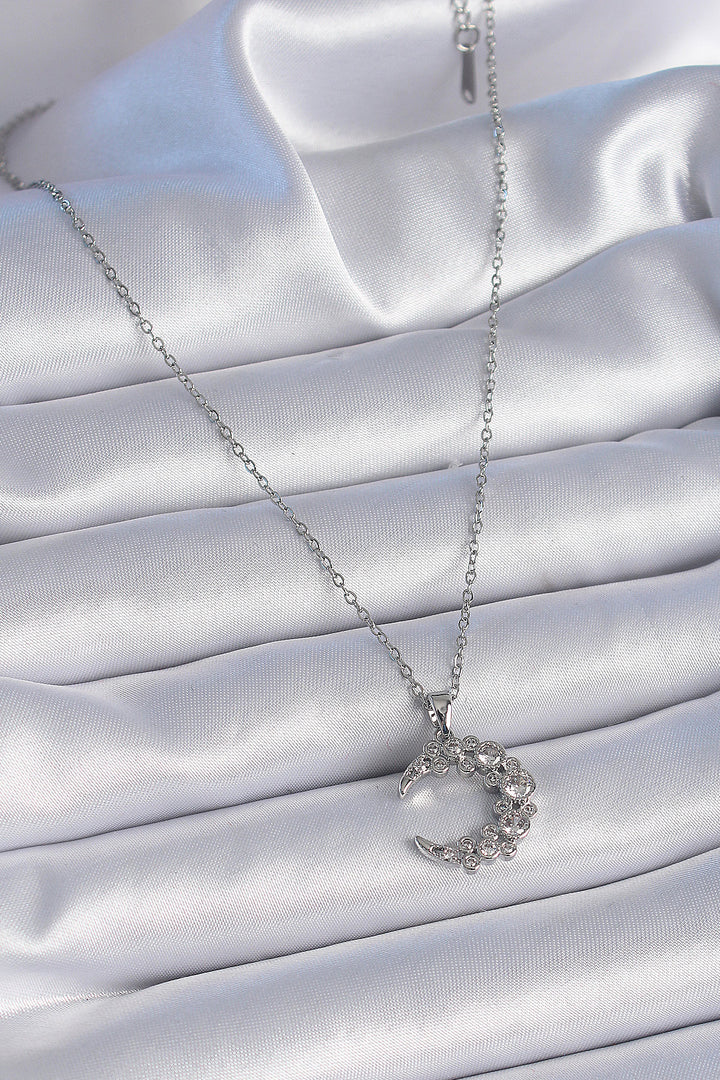 EBJ 316L Stainless Steel Chain Silver Color Crescent Moon Model Women's Necklace with Zircon Stone - Harderwijk