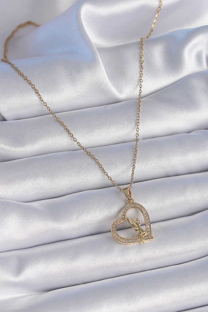 EBJ 316L Stainless Steel Chain Gold Color Zircon Stone Heart Model Angel Detail Women's Necklace - Leander