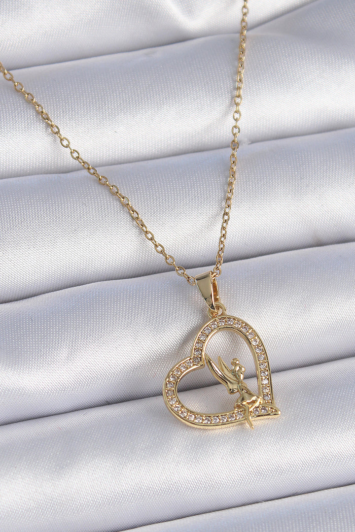 EBJ 316L Stainless Steel Chain Gold Color Zircon Stone Heart Model Angel Detail Women's Necklace - Leander