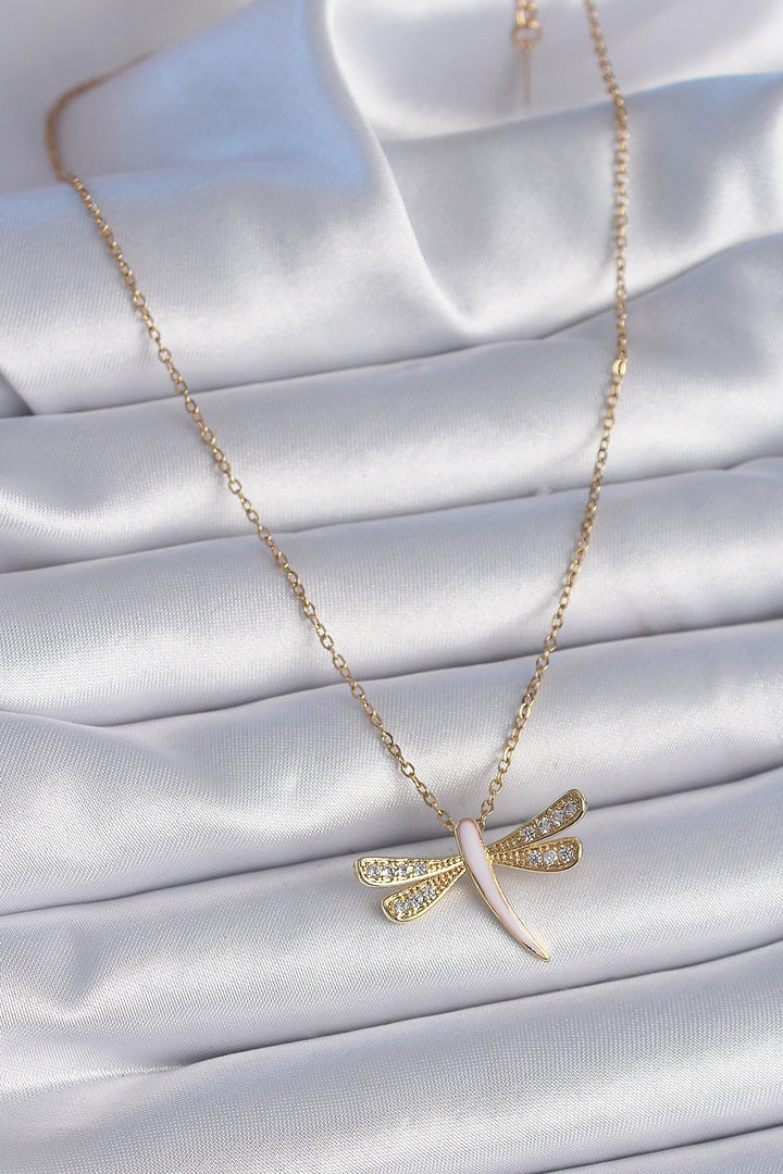 EBJ 316L Steel Chain Gold Color with Zircon Stone Pink Mother-of-Pearl Dragonfly Model Women's Necklace - Barreiro