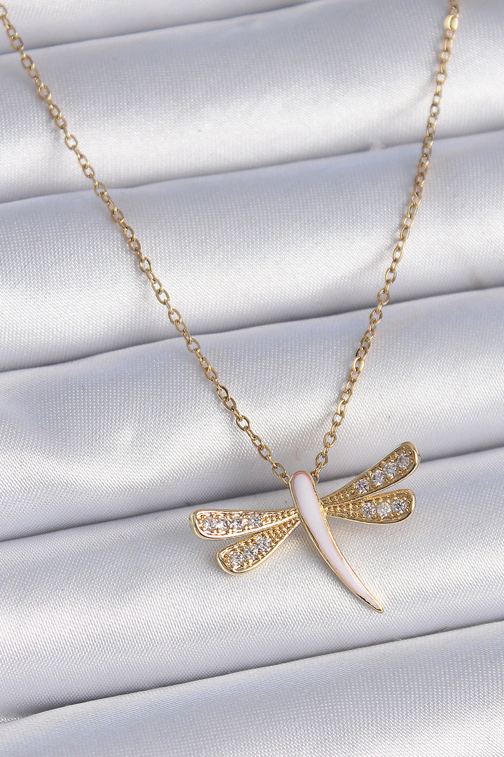 EBJ 316L Steel Chain Gold Color with Zircon Stone Pink Mother-of-Pearl Dragonfly Model Women's Necklace - Barreiro