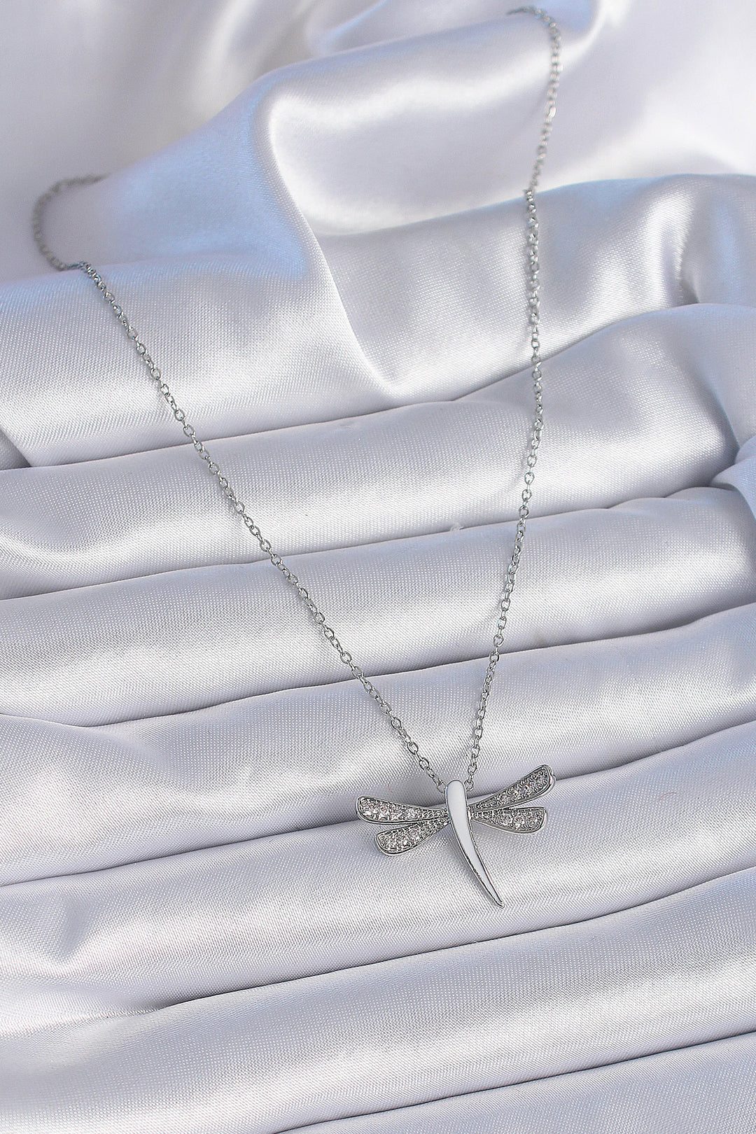 EBJ 316L Stainless Steel Chain Silver Color White Mother of Pearl Zircon Stone Detail Dragonfly Model Women's Necklace - Elmont
