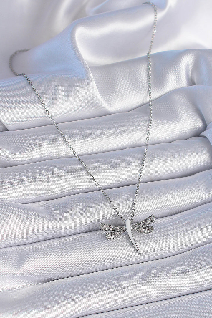 EBJ 316L Stainless Steel Chain Silver Color White Mother of Pearl Zircon Stone Detail Dragonfly Model Women's Necklace - Elmont
