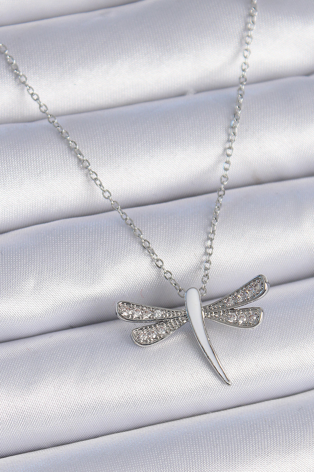 EBJ 316L Stainless Steel Chain Silver Color White Mother of Pearl Zircon Stone Detail Dragonfly Model Women's Necklace - Elmont