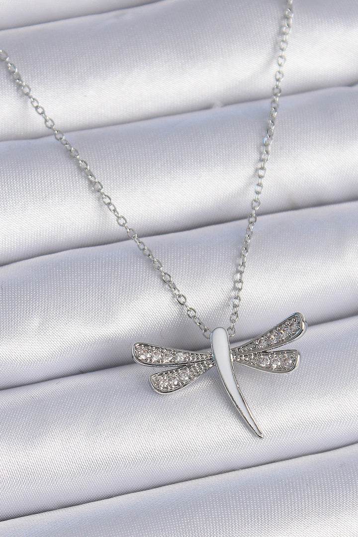 EBJ 316L Stainless Steel Chain Silver Color White Mother of Pearl Zircon Stone Detail Dragonfly Model Women's Necklace - Elmont