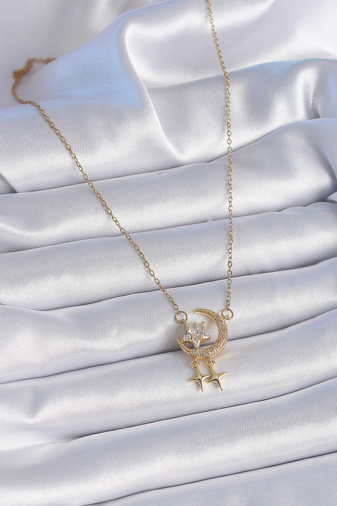 EBJ 316L Steel Chain Gold Color Crescent Moon Star Detail Women's Necklace with Zircon Stone - Ilford