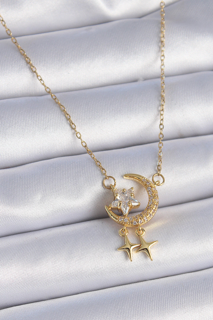 EBJ 316L Steel Chain Gold Color Crescent Moon Star Detail Women's Necklace with Zircon Stone - Ilford