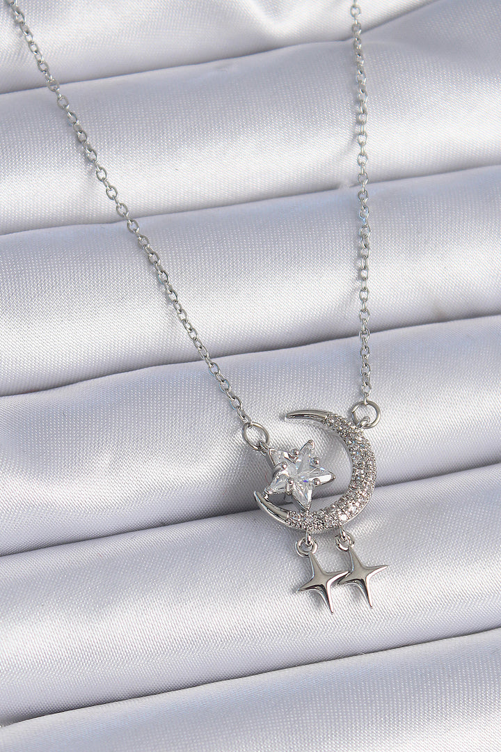 EBJ 316L Stainless Steel Chain Silver Color Crescent Moon Star Detail Women's Necklace with Zircon Stone - Cento