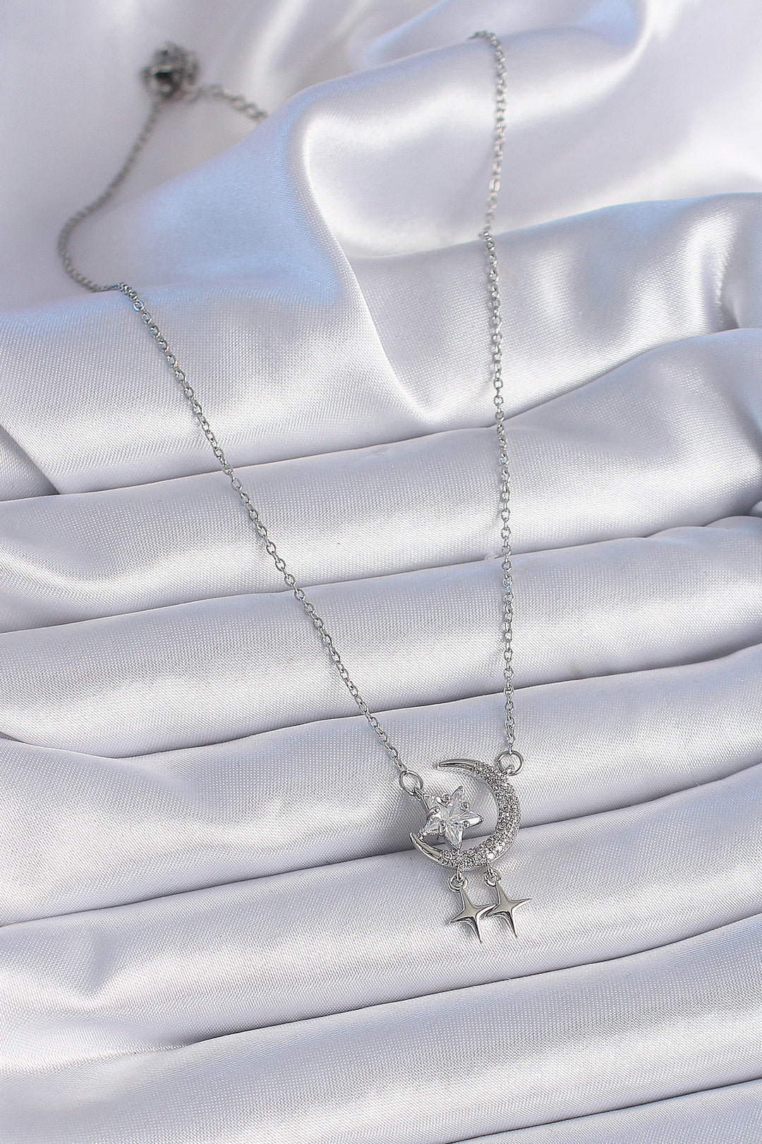 EBJ 316L Stainless Steel Chain Silver Color Crescent Moon Star Detail Women's Necklace with Zircon Stone - Cento