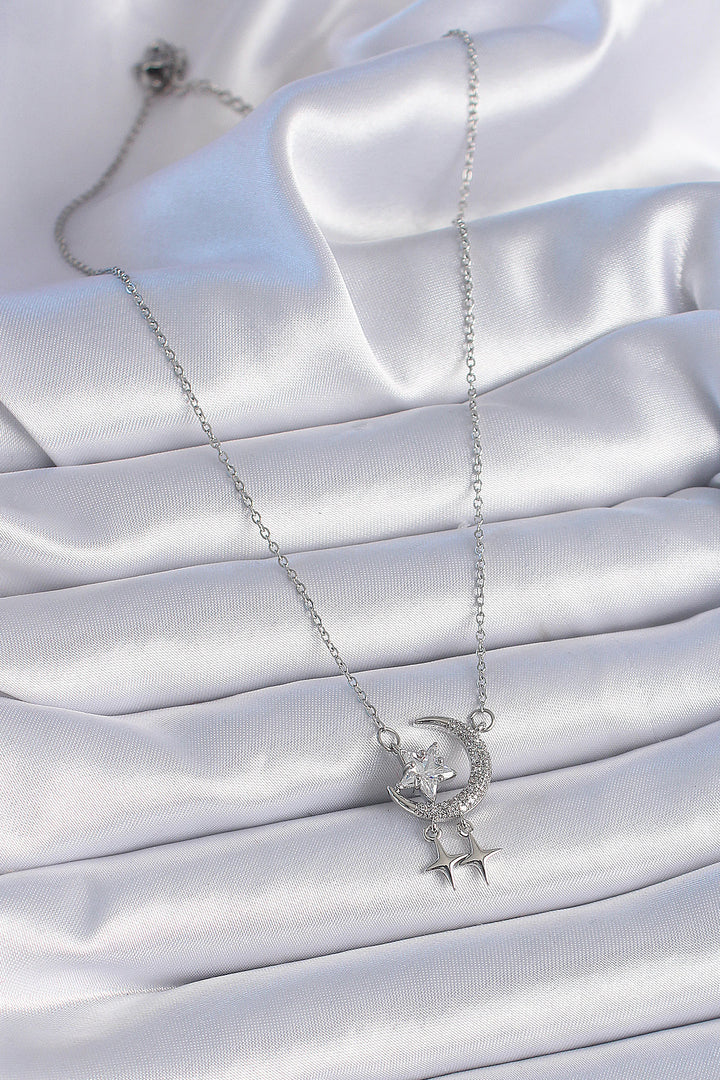 EBJ 316L Stainless Steel Chain Silver Color Crescent Moon Star Detail Women's Necklace with Zircon Stone - Cento