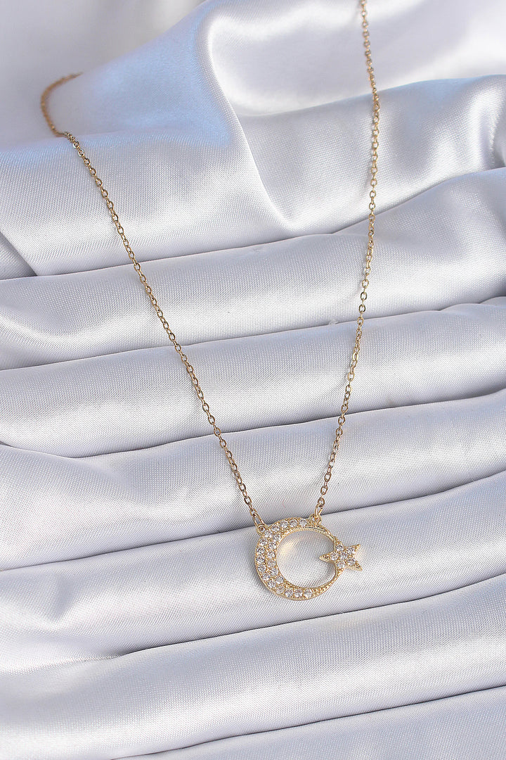 EBJ 316L Strawberry Chain Gold Color Zircon Stone Star and Crescent Model Women's Necklace - Coimbra