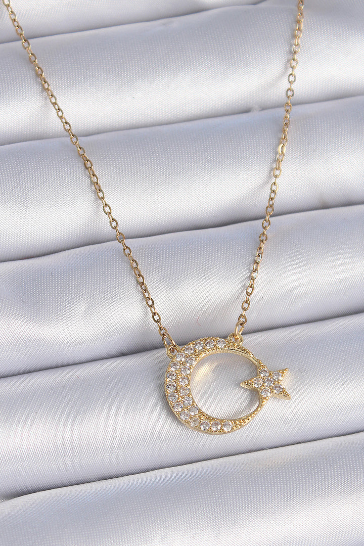 EBJ 316L Strawberry Chain Gold Color Zircon Stone Star and Crescent Model Women's Necklace - Coimbra