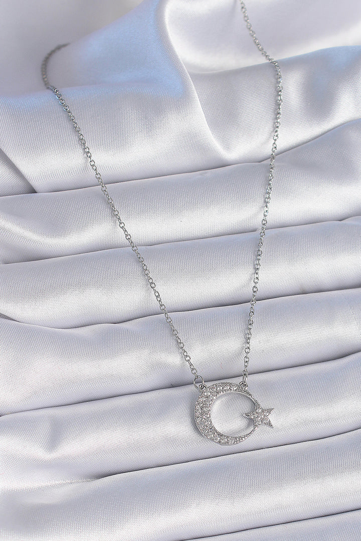 EBJ 316L Stainless Steel Chain Silver Color with Zircon Stone Crescent Star Model Women's Necklace - Owensboro