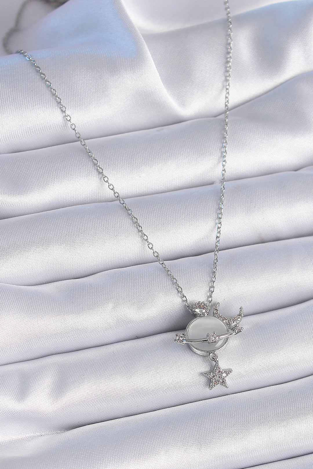 EBJ 316L Stainless Steel Chain Silver Color Planet Model with Zircon Stone Star Detail Women's Necklace - Gela