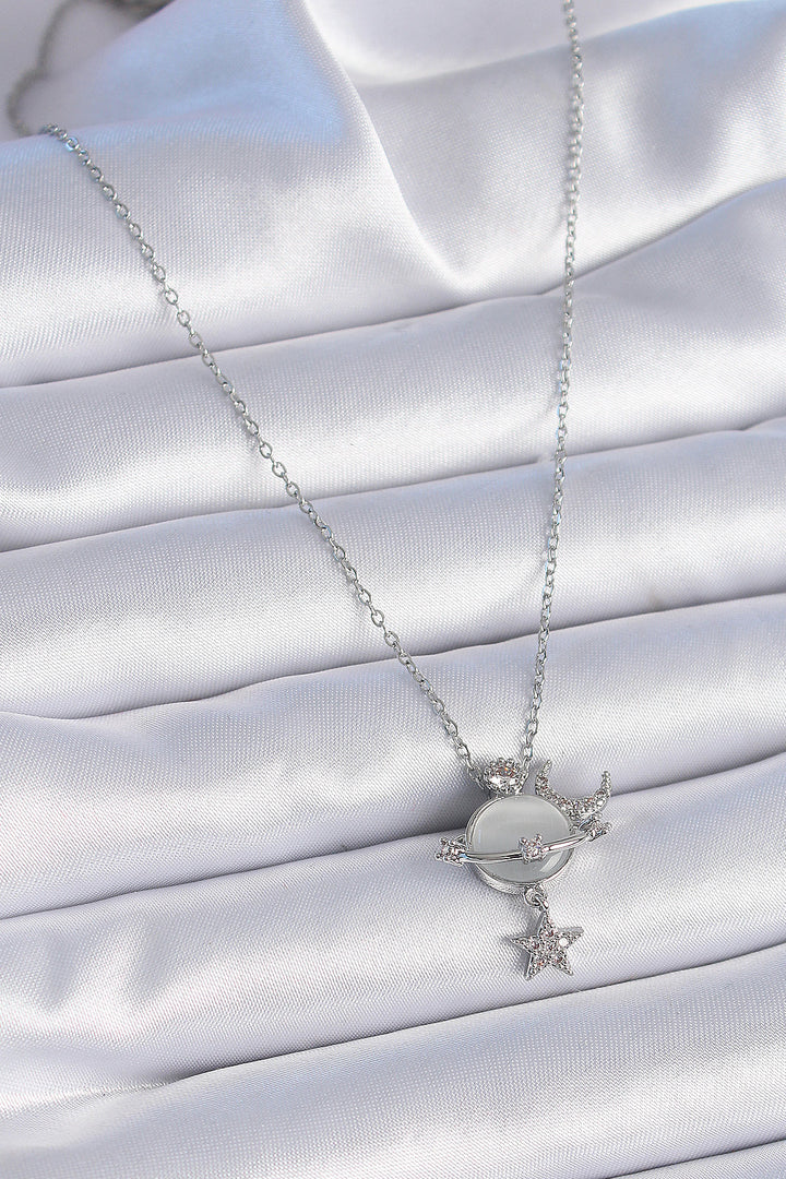 EBJ 316L Stainless Steel Chain Silver Color Planet Model with Zircon Stone Star Detail Women's Necklace - Gela