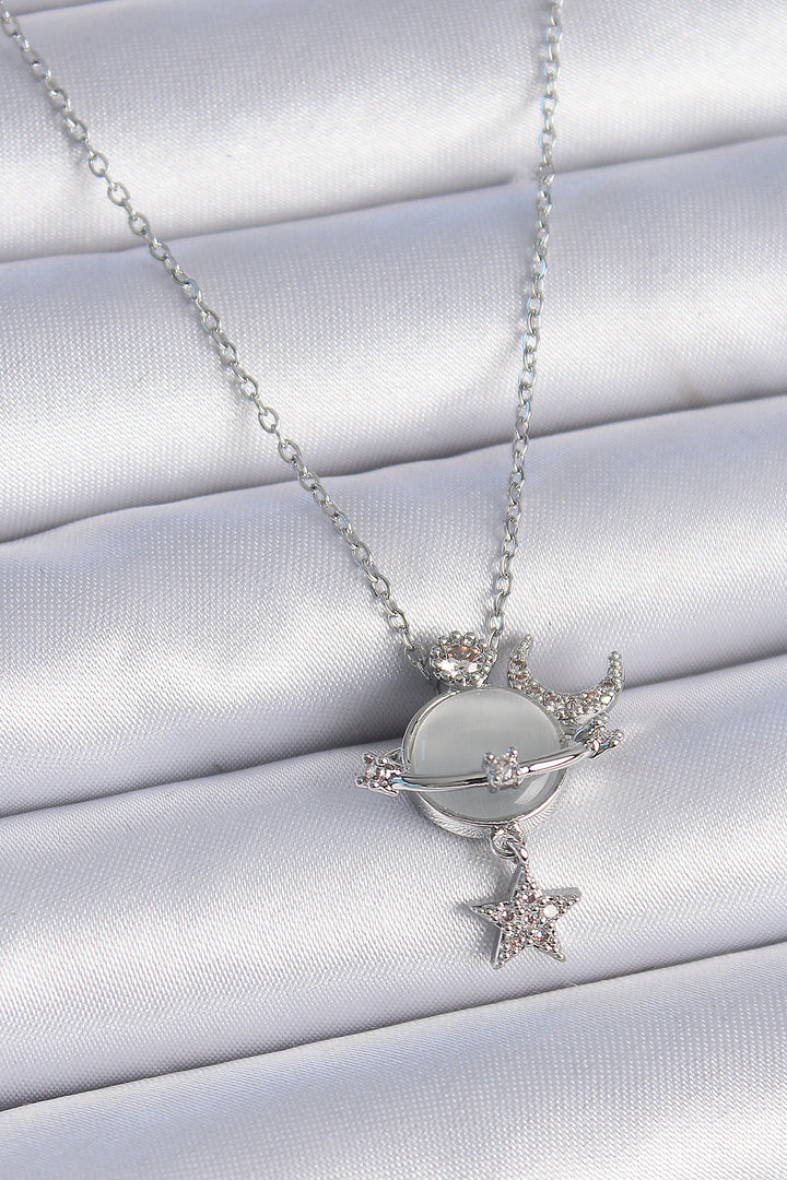 EBJ 316L Stainless Steel Chain Silver Color Planet Model with Zircon Stone Star Detail Women's Necklace - Gela
