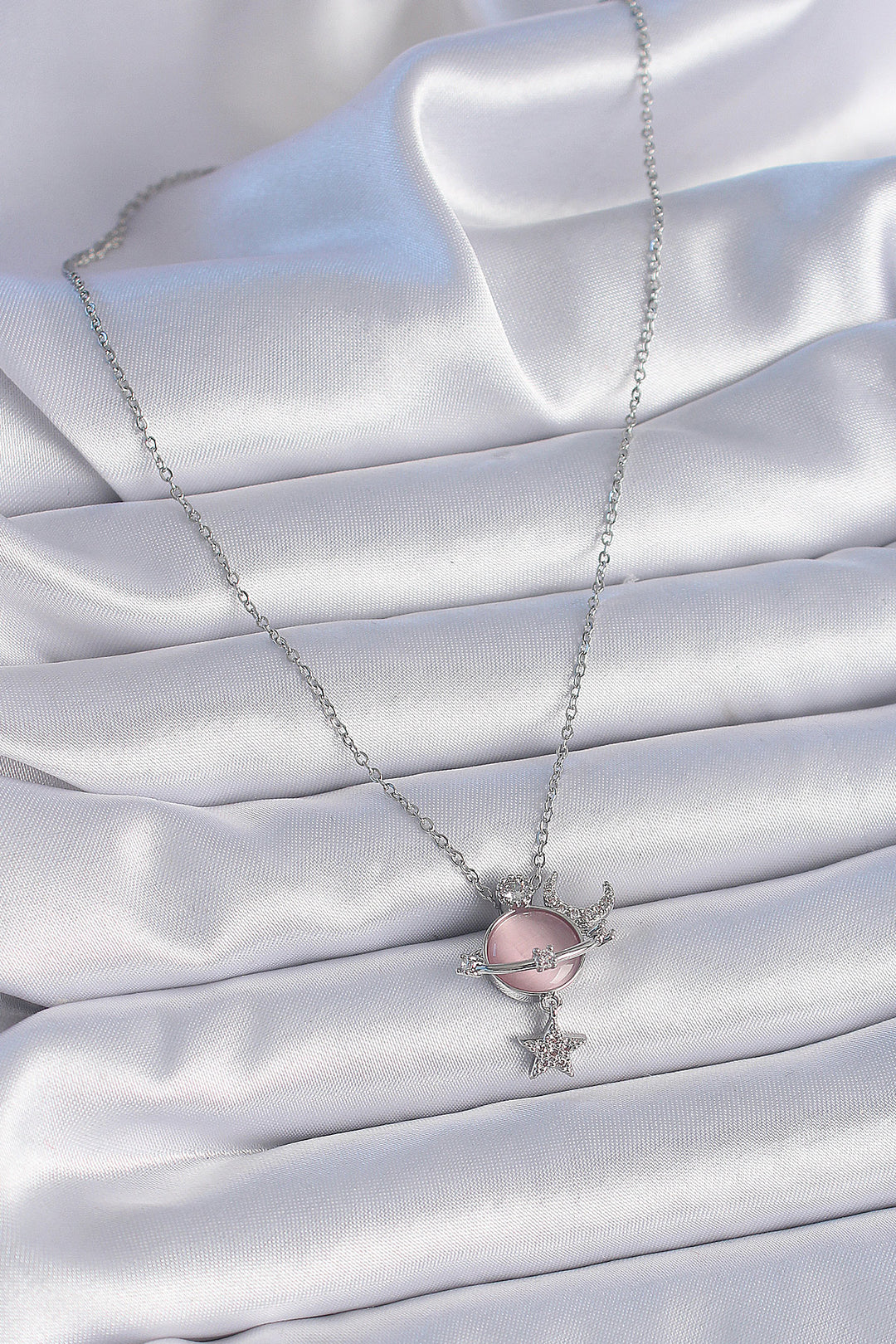 EBJ 316L Steel Chain Silver Color Pink Mother of Pearl Planet Model Zircon Stone Star and Moon Model Women's Necklace - Tepeji del Río de Ocampo