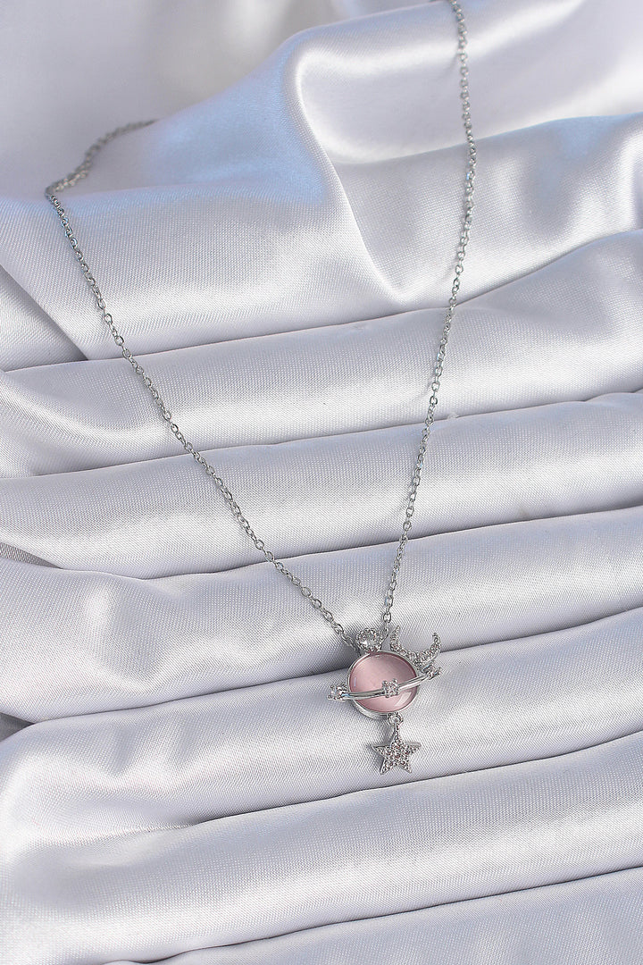 EBJ 316L Steel Chain Silver Color Pink Mother of Pearl Planet Model Zircon Stone Star and Moon Model Women's Necklace - Tepeji del Río de Ocampo
