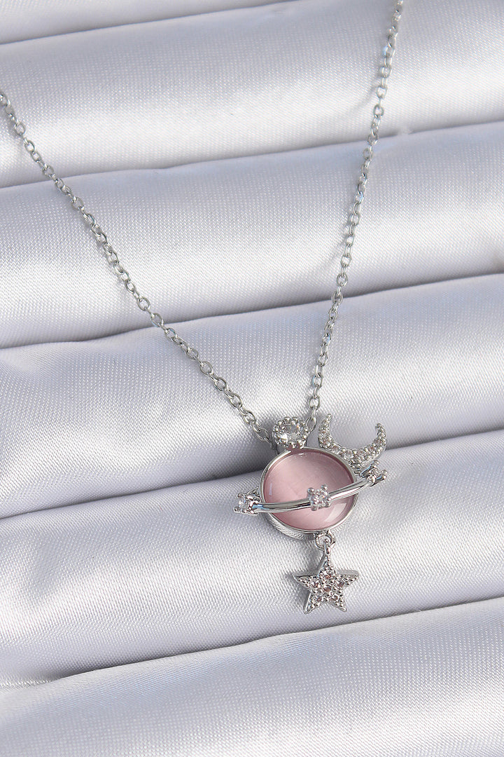 EBJ 316L Steel Chain Silver Color Pink Mother of Pearl Planet Model Zircon Stone Star and Moon Model Women's Necklace - Tepeji del Río de Ocampo