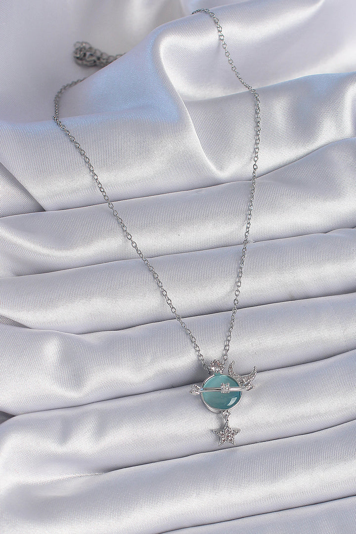 EBJ 316L Stainless Steel Chain Silver Color Green Mother of Pearl Planet Model Zircon Stone Star and Crescent Model Women's Necklace - Newark